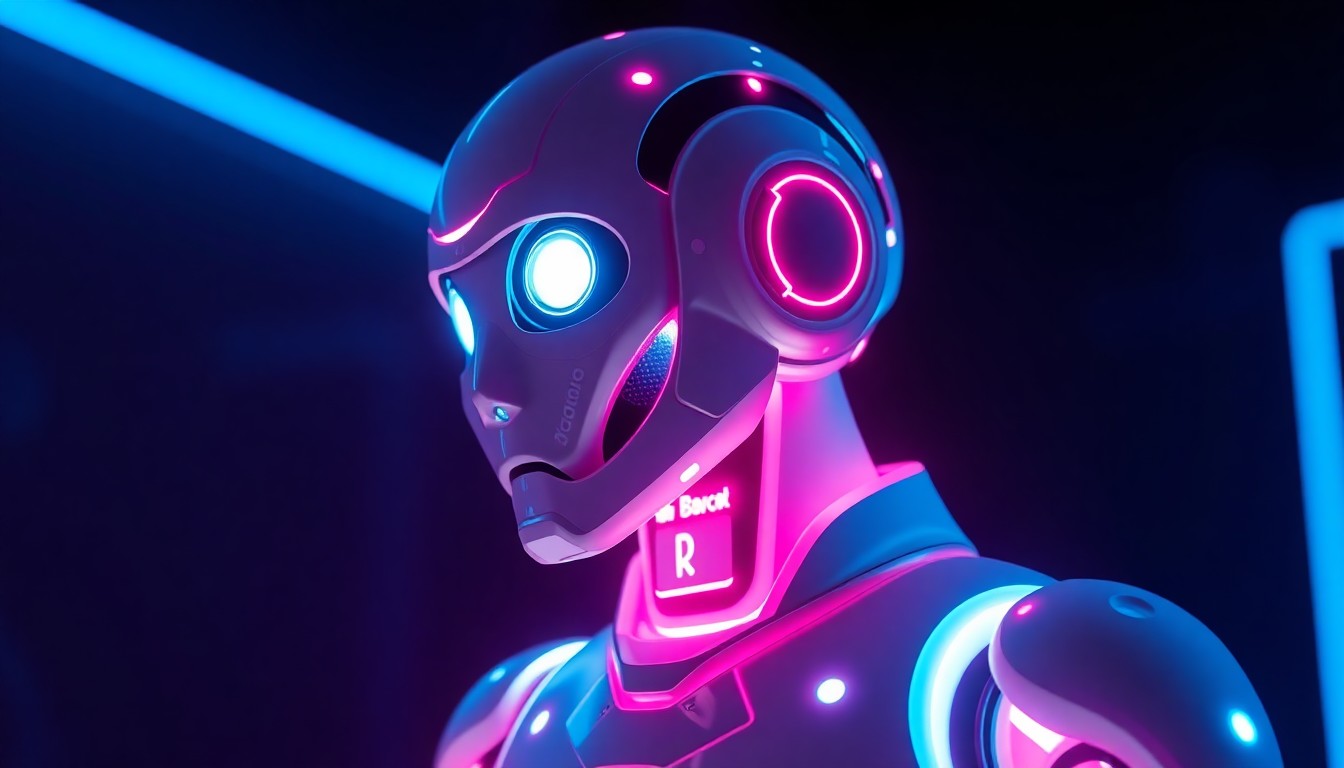 A highly detailed, glowing 3D illustration of an intelligent companion robot with a sleek, futuristic design, illuminated by neon cyan and magenta lights, conceptually representing the integration of AI and hardware in an educational setting.