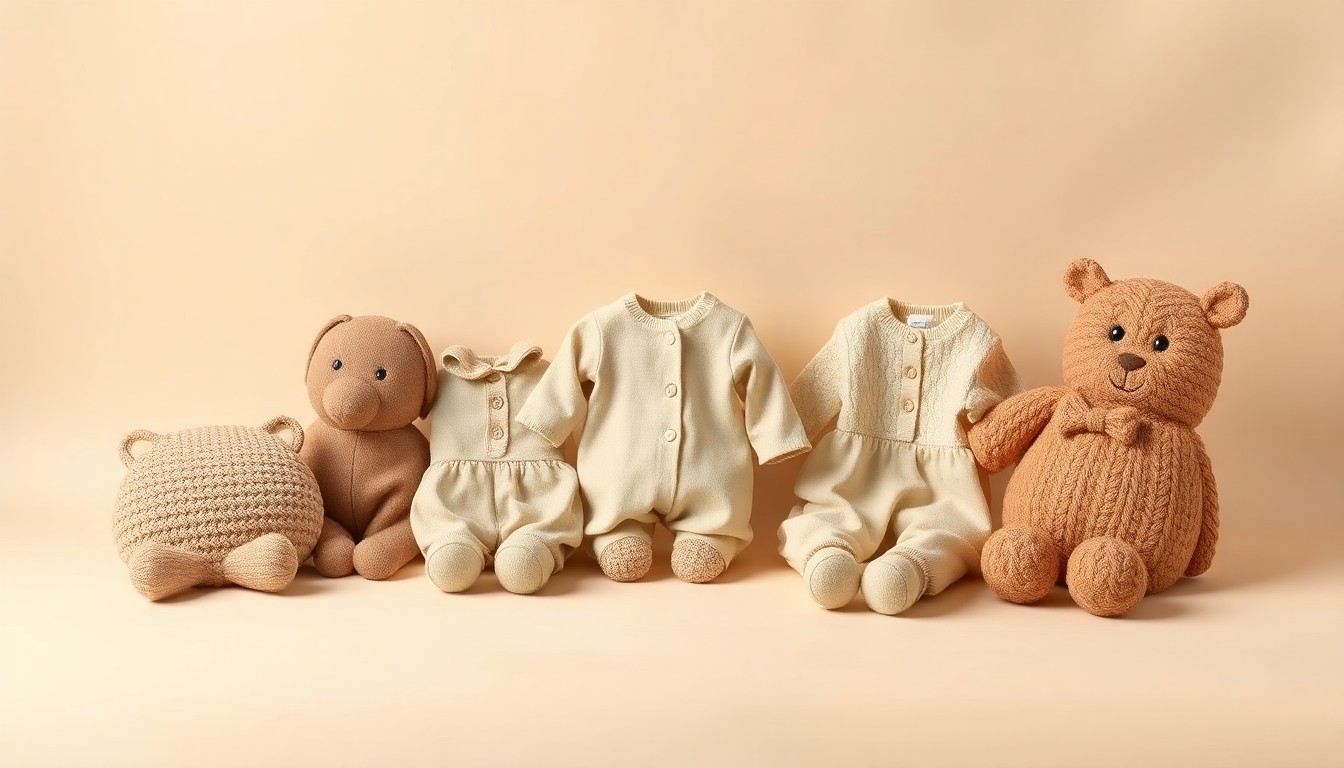 A high-end, photorealistic studio still-life photograph featuring a collection of premium children's clothing items in muted earth tones and soft textures, arranged elegantly on a clean, monochromatic seamless background, conceptually representing the quality and family-focused values of the RuffleButts + RuggedButts brand.