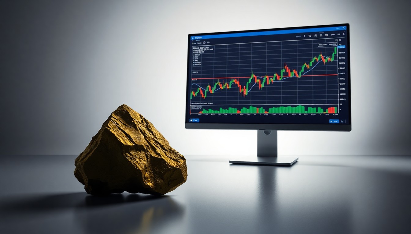 A photorealistic studio still life featuring a polished uranium ore sample and a modern computer monitor displaying a stock chart, conveying the abstract concepts of corporate strategy and market performance in the nuclear energy industry.