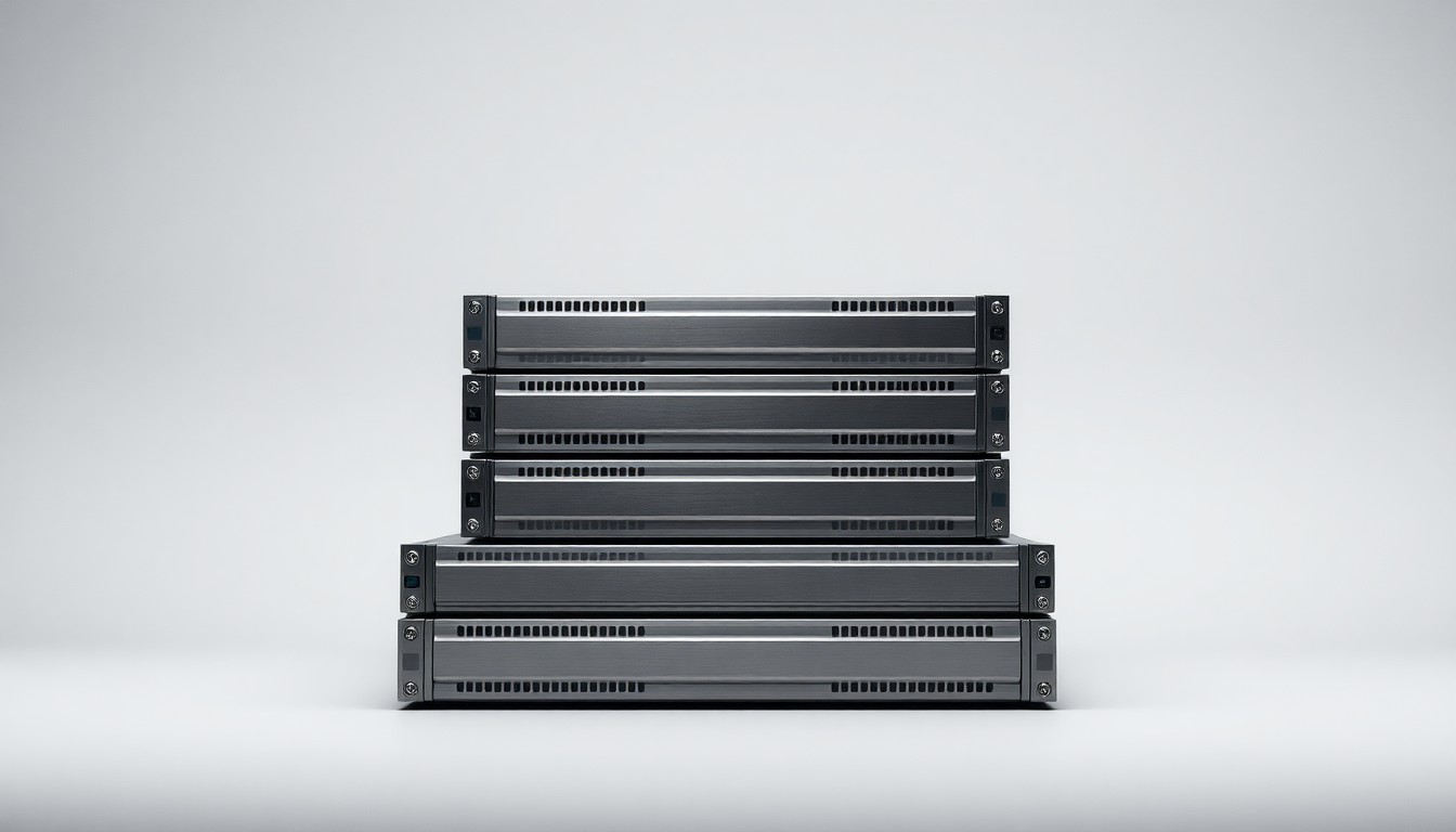 A high-end, photorealistic studio still-life photograph featuring a stack of polished metal data servers or storage devices arranged elegantly on a clean, monochromatic background, conceptually representing the abstract concepts of data, technology, and corporate strategy.