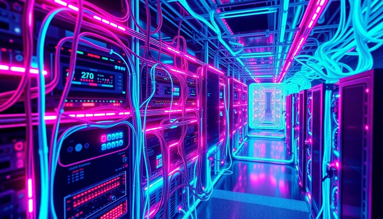 A highly detailed, glowing 3D illustration of a complex network infrastructure with illuminated cables, servers, and other cybernetic hardware elements in shades of neon cyan and magenta, conceptually representing the power and complexity of modern network automation technology.