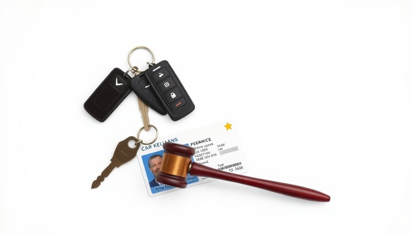 A high-end, photorealistic studio still-life featuring a set of car keys, a driver's license, and a gavel on a clean, monochromatic background, symbolizing the intersection of transportation, compliance, and risk management.