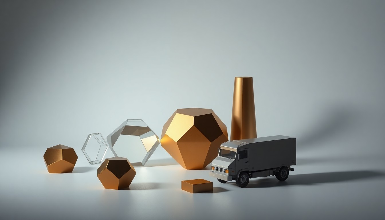 A high-end, photorealistic studio still-life photograph featuring a collection of polished, geometric objects in shades of gray and silver, arranged elegantly on a clean, monochromatic background to conceptually represent the abstract concepts of corporate strategy, finance, and autonomous logistics.