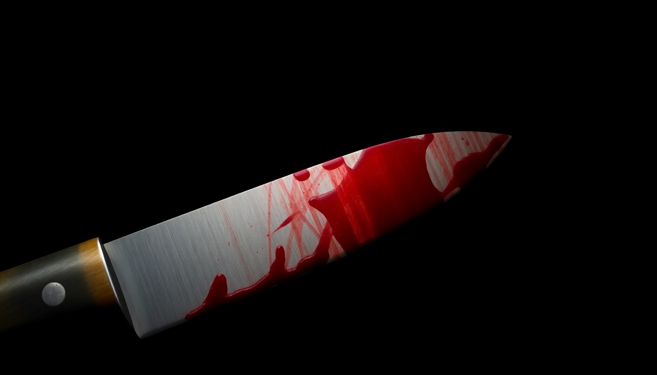 An extreme close-up of a bloodied knife, the harsh flash creating a stark, gritty, investigative aesthetic that conceptually represents the violent nature of the crime.