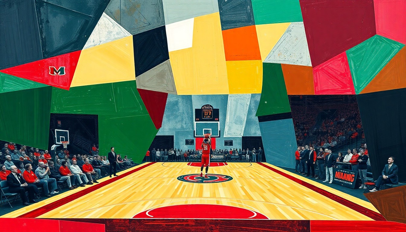 A fragmented, cubist-style painting depicting the action of a college basketball game, with the players and court broken down into overlapping geometric shapes in the colors of the Miami RedHawks and Ball State.