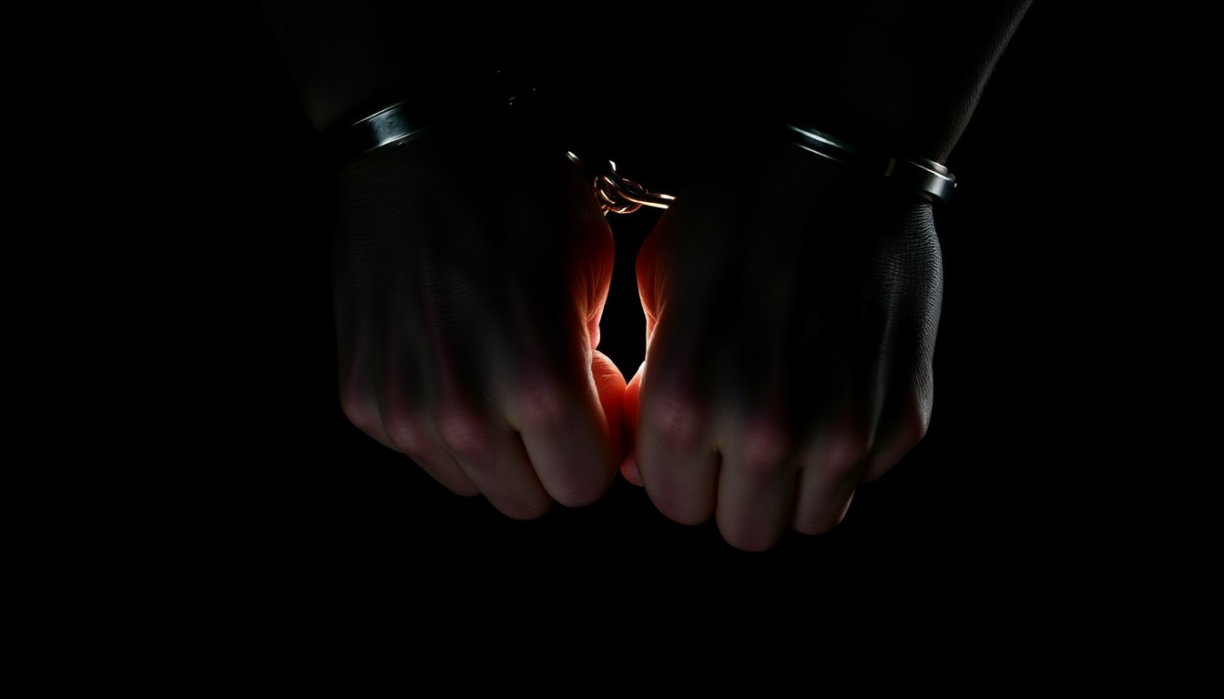 An extreme close-up photograph of a pair of handcuffed hands against a pitch-black background, conveying a sense of gritty, investigative urgency through the use of harsh, direct lighting.