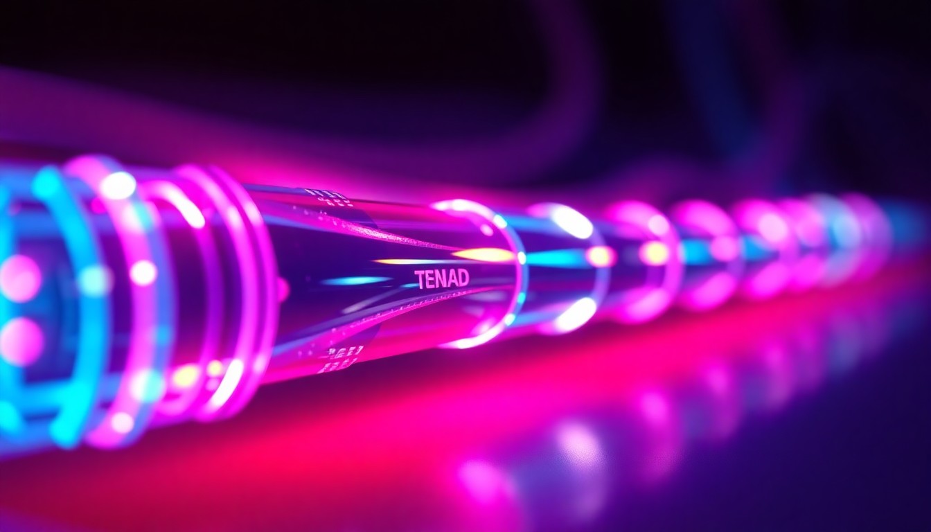 A highly detailed, glowing 3D macro illustration of a futuristic fiber-optic cable interface with neon cyan and magenta lights, conceptually representing the advanced connectivity technology at the heart of Molex's acquisition of Teramount.