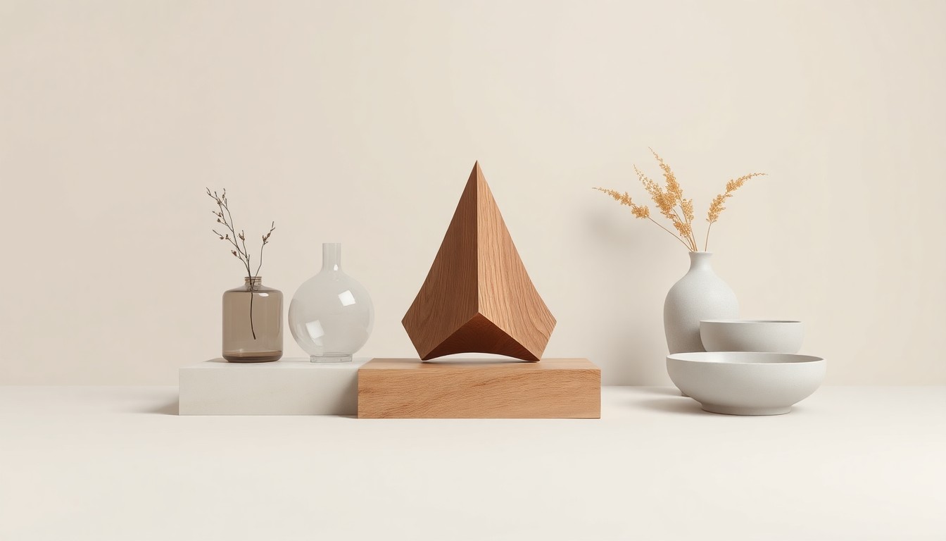 A minimalist, high-end studio still life photograph featuring a polished wooden sculpture, a glass vase, and a ceramic bowl arranged elegantly on a clean, monochromatic background, conceptually representing the furniture industry's design legacy and cultural impact.