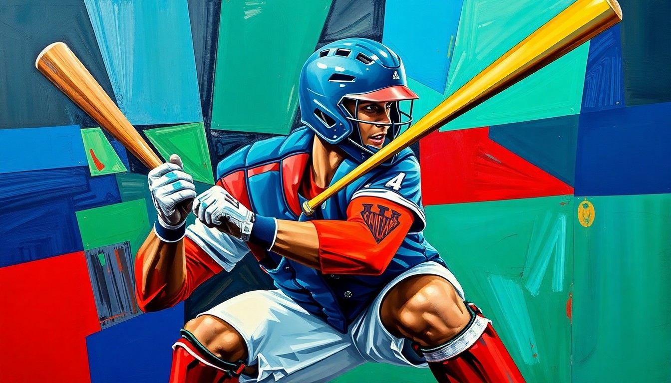 A fractured, geometric painting depicting a baseball catcher in action, with sharp planes of navy blue, emerald green, and crimson red overlapping to create a dynamic, abstract composition.