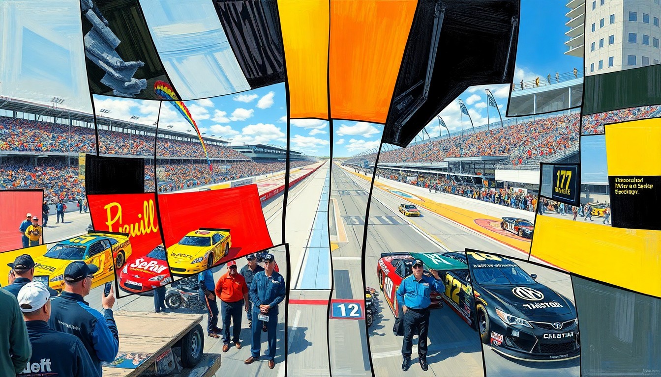 A fractured, geometric painting depicting the various elements of the NASCAR Cup Series race at Bristol Motor Speedway, including cars, pit crews, and officials, all rendered in a cubist style that breaks the scene down into sharp, overlapping planes of color and form.