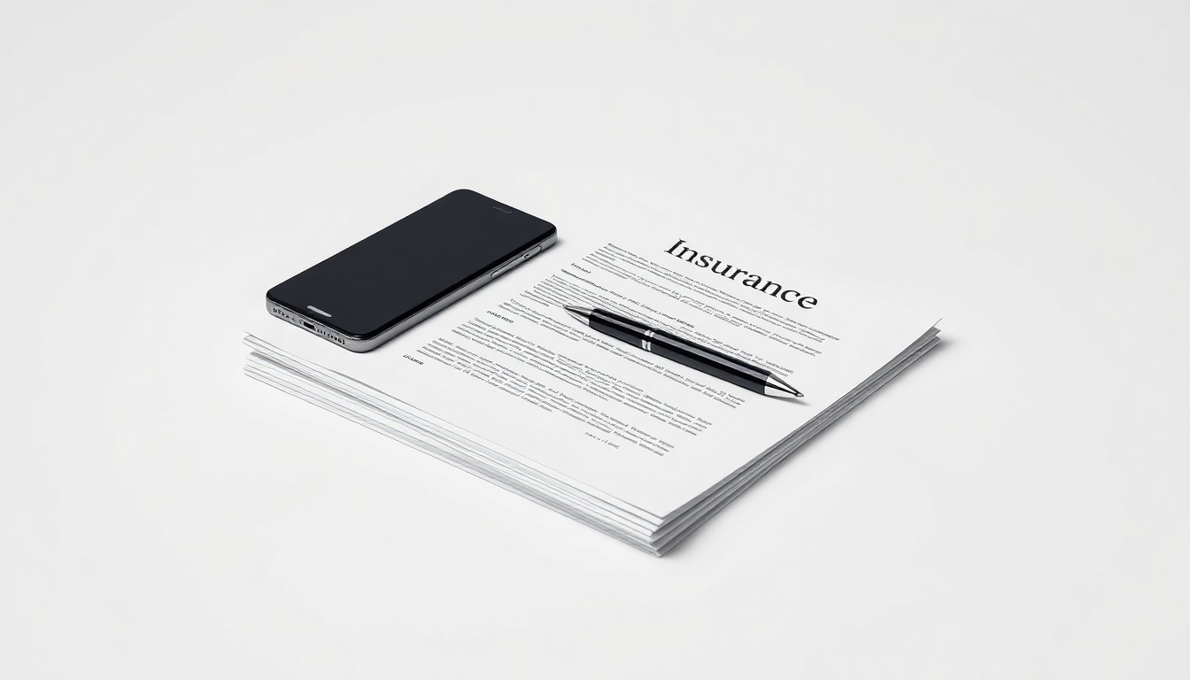 A high-end, photorealistic studio still-life photograph featuring a stack of insurance documents, a pen, and a smartphone on a clean, white background, conceptually representing the integration of technology and data analytics in the insurance claims process.