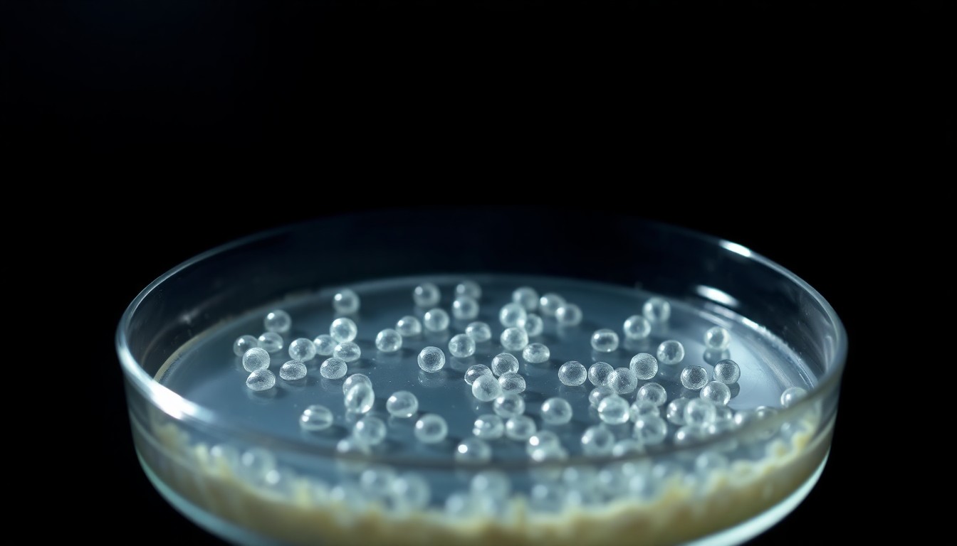 An extreme close-up photograph of a petri dish containing E. coli bacteria, lit by a harsh, direct camera flash against a pitch-black background, conceptually illustrating the smuggling of dangerous biological materials.