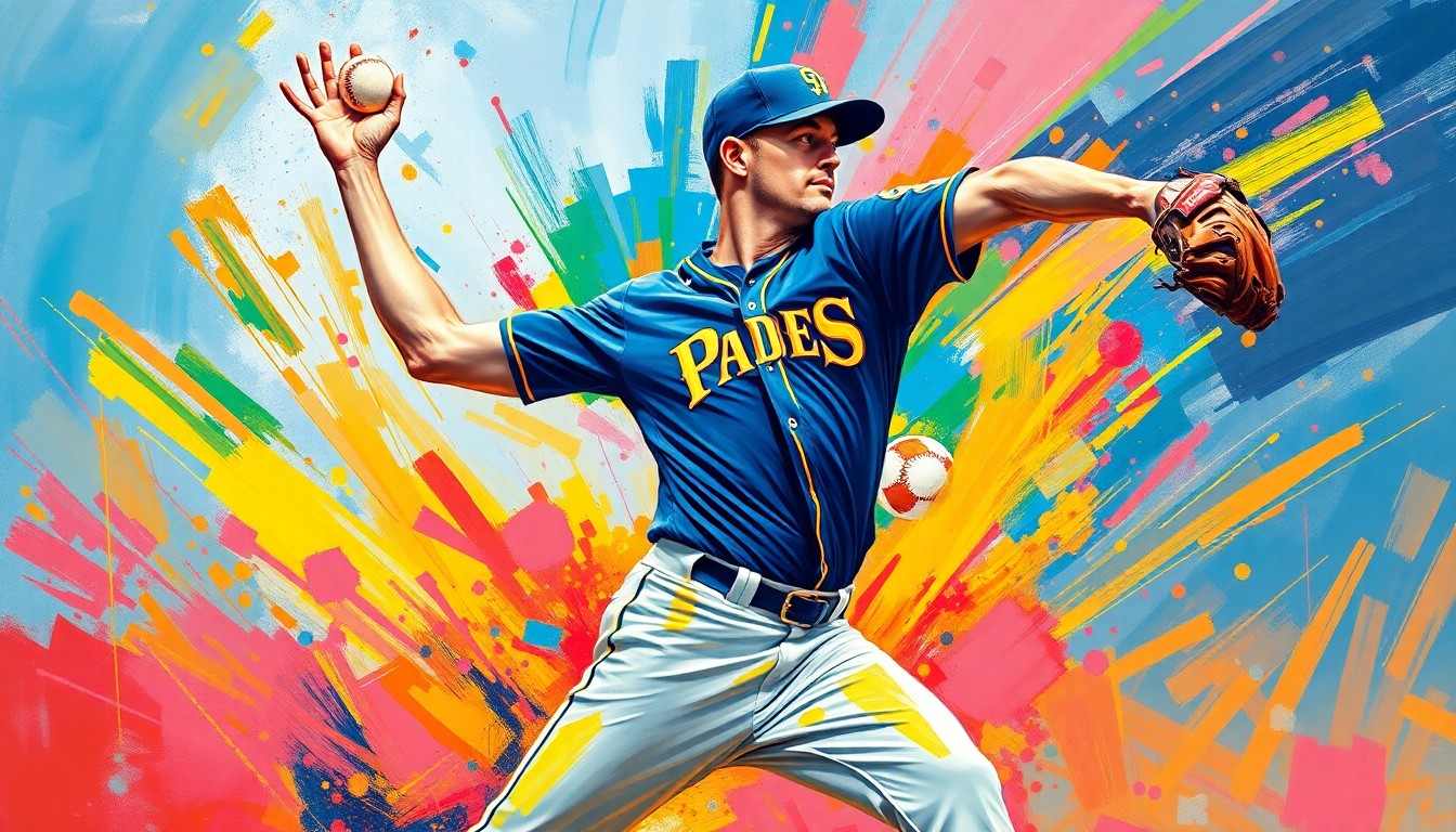An abstract expressionist painting in neon colors depicting the powerful pitching motion and striking energy of a baseball player, conceptually representing the dominant performances of San Diego Padres closer Mason Miller.