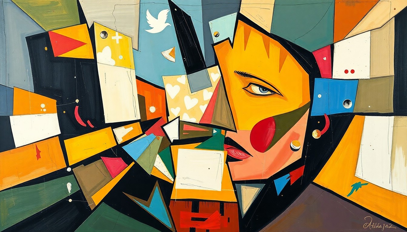 A fragmented, geometric painting in shades of blue, green, and red, with overlapping shapes and planes that abstractly represent the turbulent state of the LIV Golf league.