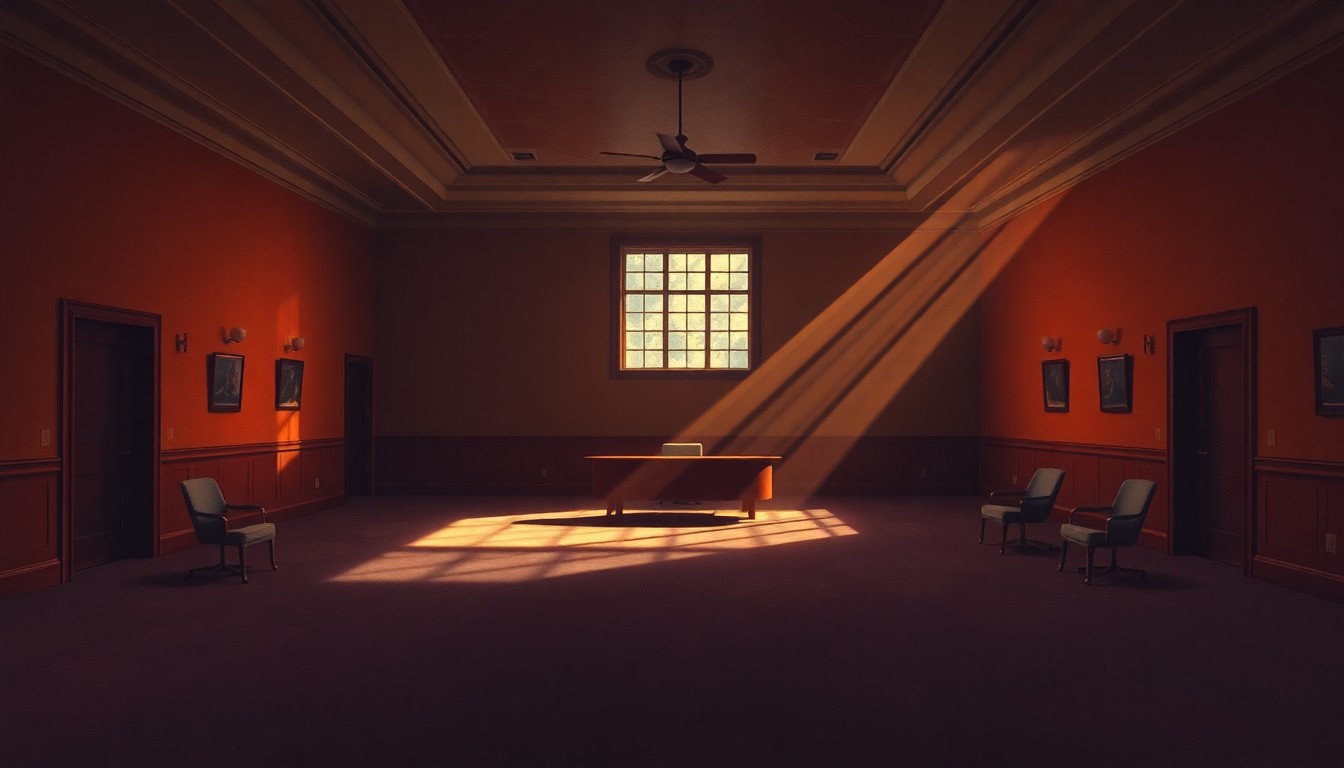 A dimly lit, cinematic painting of an empty borough council meeting room, with warm sunlight streaming in through a window and casting long shadows across the empty chairs and table, conveying a sense of quiet contemplation and transition.