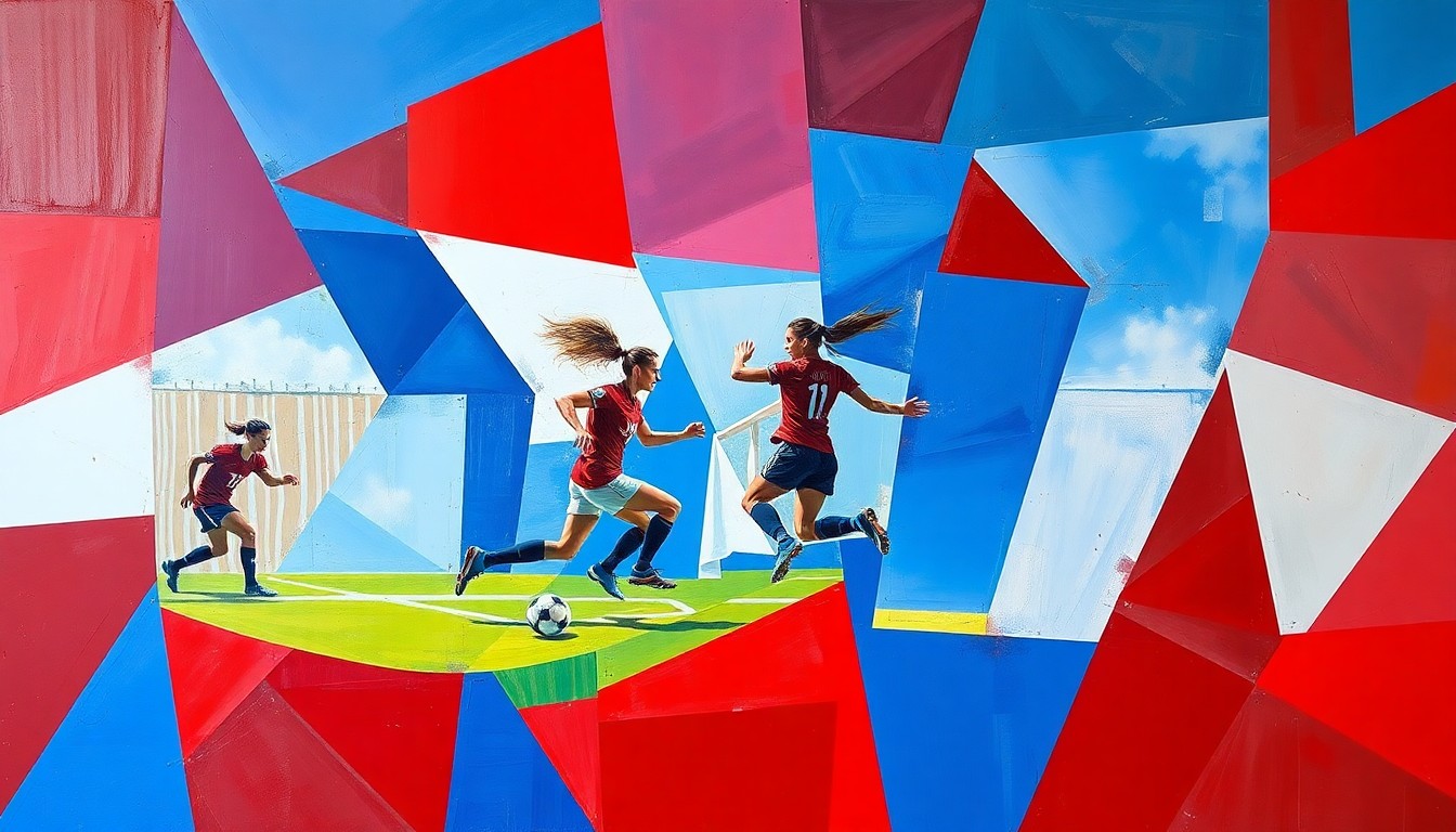 A cubist, geometric painting depicting a fragmented, multi-perspective scene of a women's soccer match, with overlapping planes of red, white, and blue colors representing the dynamic action on the field.