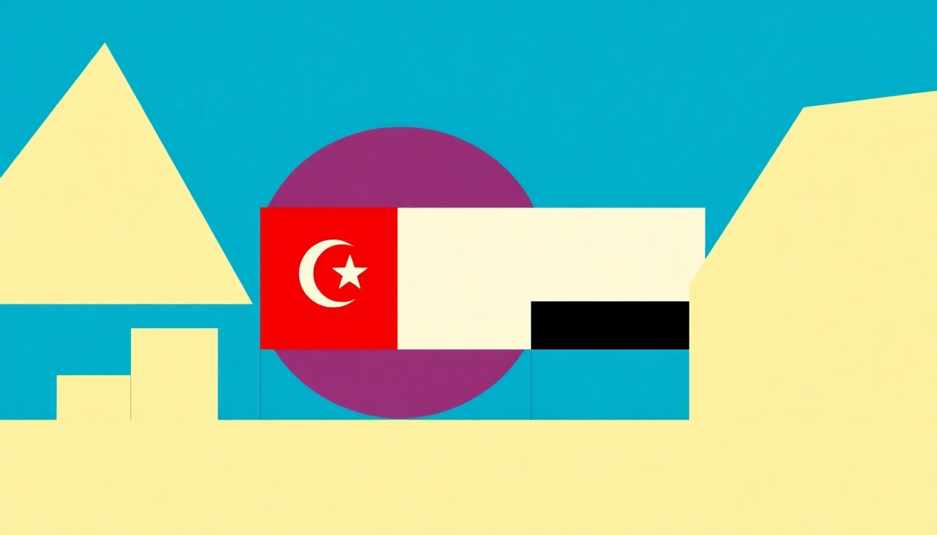 A minimalist illustration composed of overlapping triangles and circles in shades of blue, red, and yellow, conceptually representing the economic uncertainty and geopolitical tensions caused by the Middle East conflict.