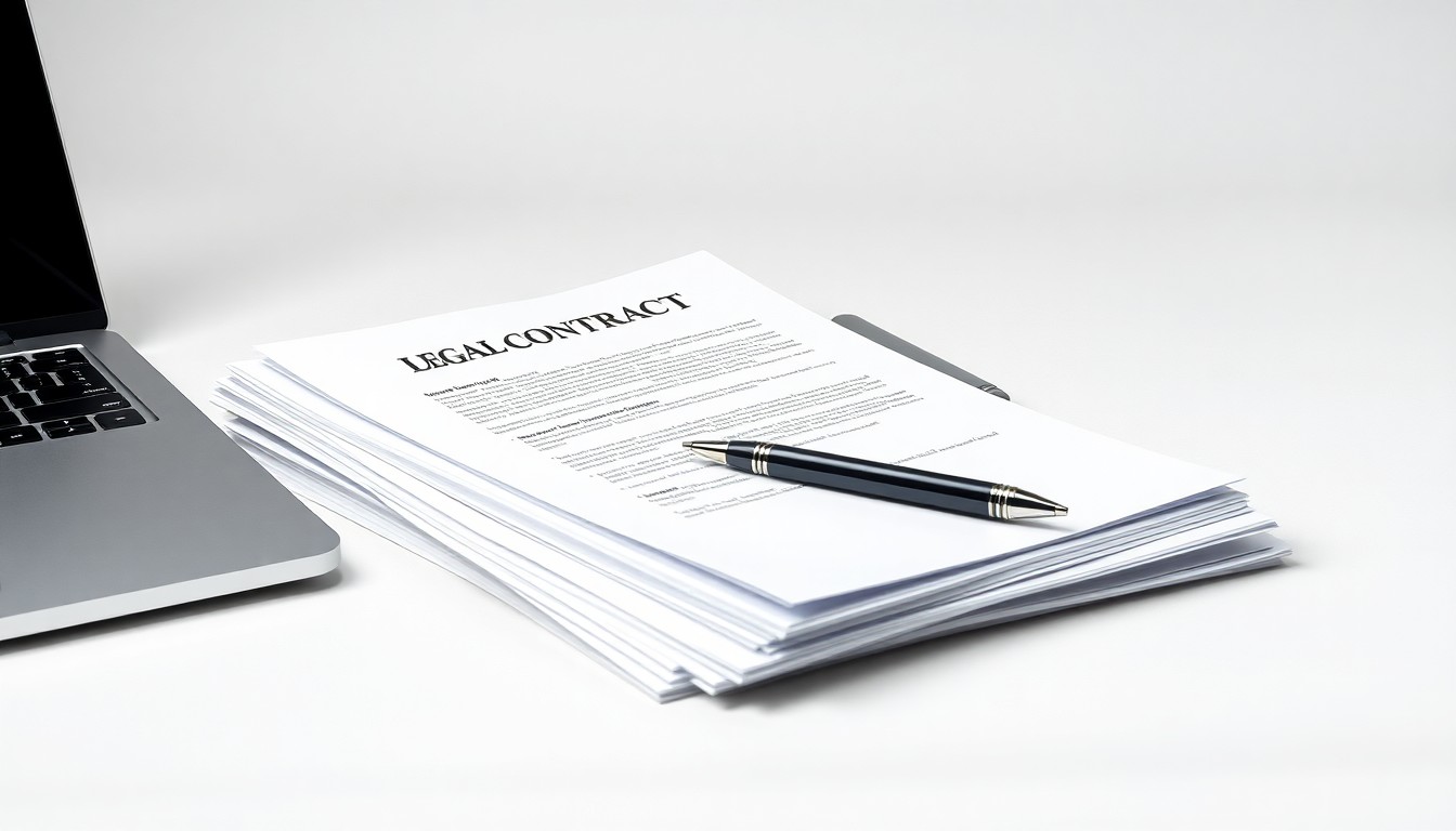A photorealistic studio still life featuring a stack of legal contracts, a pen, and a laptop computer arranged on a clean, white background, symbolizing the power of contract data and legal operations to drive financial strategy.