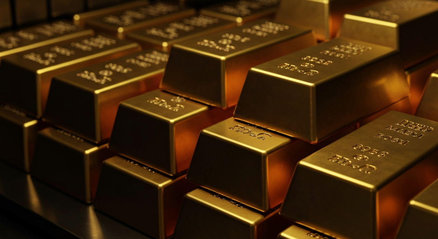 An extreme close-up photograph of stacked gold bullion bars in a dimly lit bank vault, with dramatic shadows and highlights emphasizing the weight and solidity of the precious metal.