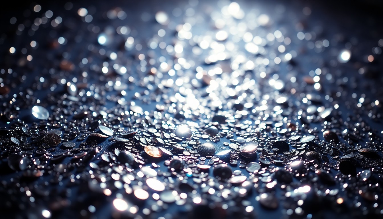 An abstract close-up photograph of shimmering, reflective sequins in dramatic, high-contrast studio lighting, conceptually representing the glamour and high-stakes drama of a major Hollywood event.