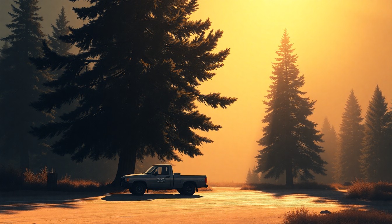 A serene, cinematic painting of a lone Forest Service truck parked beneath a towering pine tree, the vehicle's silhouette casting a long shadow across the forest floor as warm sunlight filters through the branches, conveying a sense of the agency's important role in safeguarding America's natural landscapes.