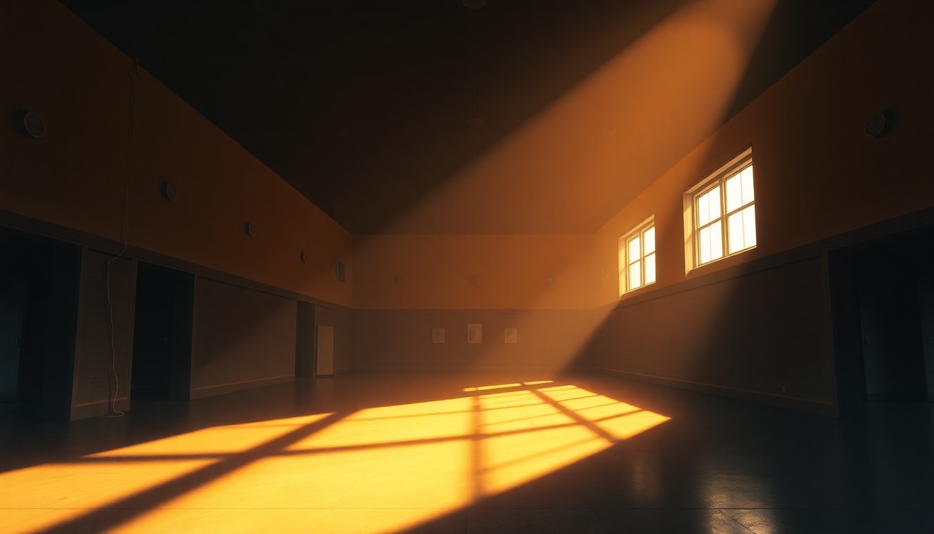 A dimly lit, cinematic painting of a government laboratory or office space, with warm sunlight streaming in through the windows and deep shadows cast across the room, conveying a sense of tension and the erosion of scientific integrity.