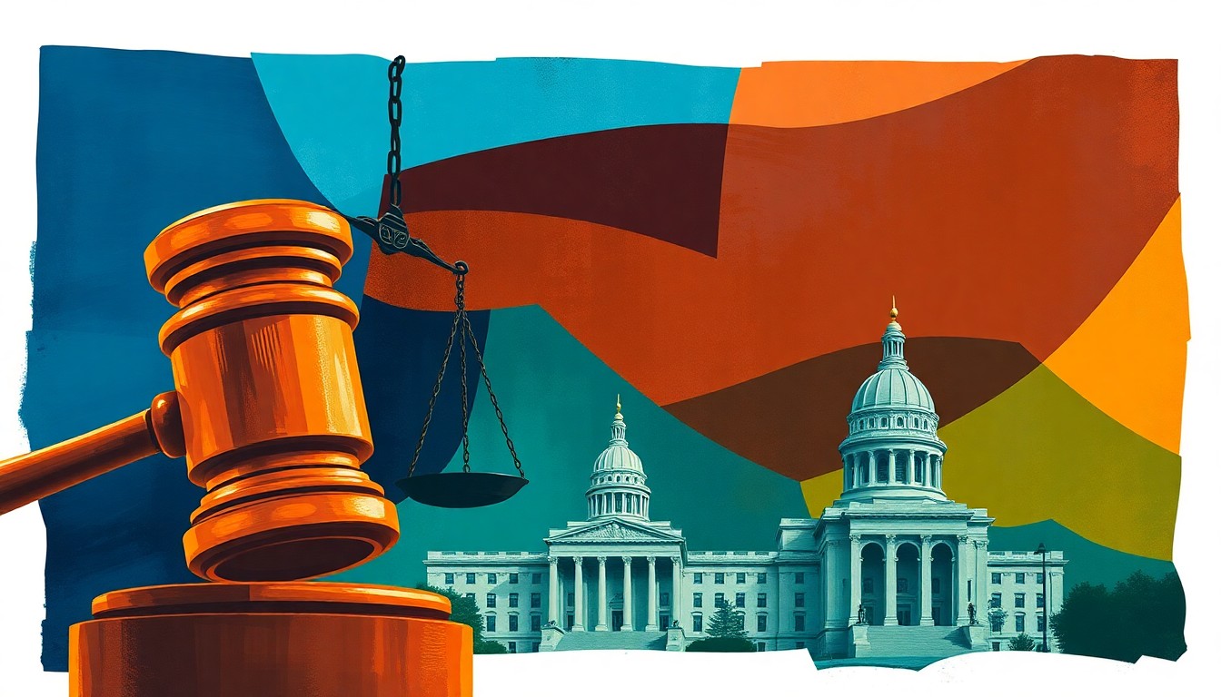 A dynamic, abstract painting depicting the symbols of justice and government in a state of fragmentation, conceptually representing the complex legal and political tensions surrounding charter schools in Oklahoma.