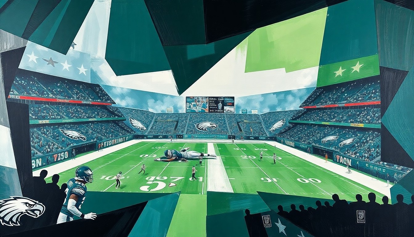 A fractured, cubist-style painting depicting a football game broken down into sharp, overlapping geometric shapes in the colors of the Philadelphia Eagles.