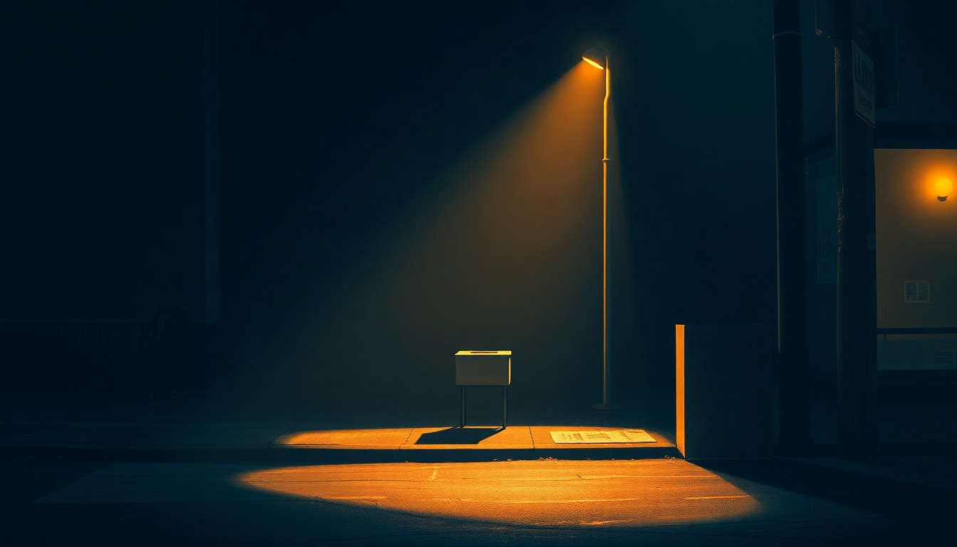A photorealistic painting of a lone ballot box on a dimly lit street corner, with warm sunlight casting deep shadows across the scene, conveying a sense of quiet contemplation around the electoral process.