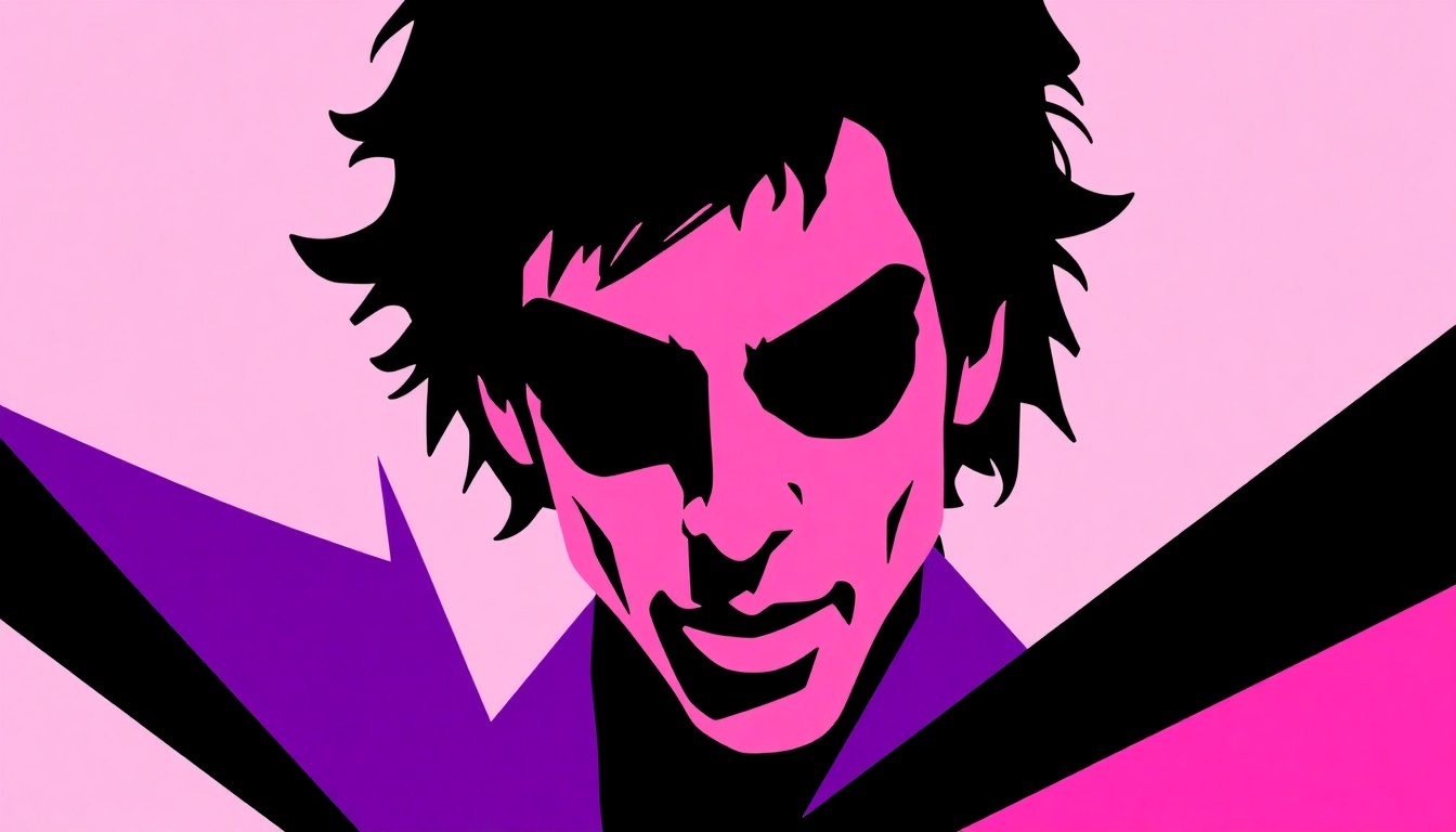 A striking abstract composition of jagged purple and pink geometric shapes, representing the vibrant energy and legacy of Prince's music.