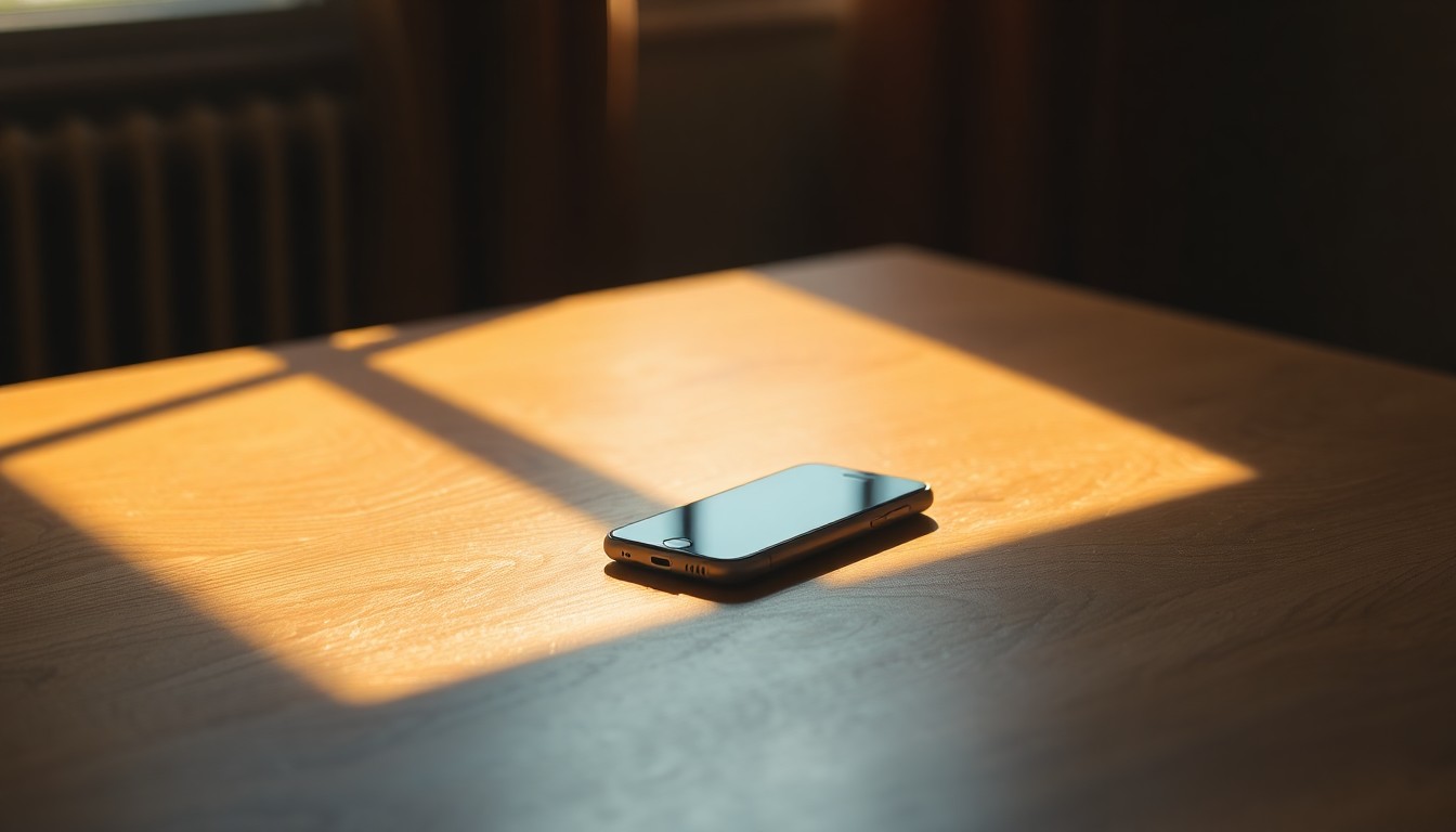 A close-up view of a smartphone resting on a wooden table, with the device partially obscured by warm, dramatic lighting and shadows, conveying a sense of contemplation around the mental health impacts of social media technology.
