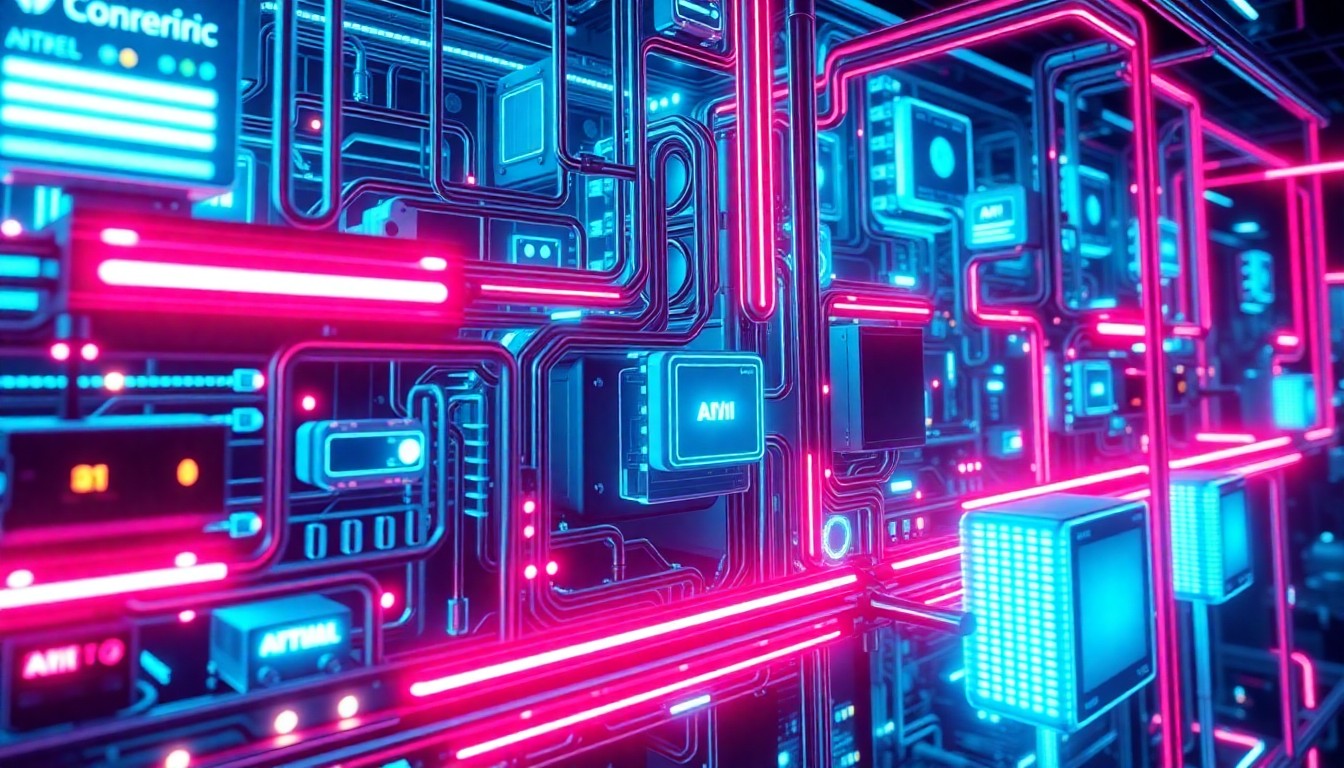 A highly detailed, glowing 3D illustration of a complex, futuristic AI-powered software infrastructure, with neon cyan and magenta lights illuminating the intricate cybernetic components, conceptually representing the powerful, transformative impact of AI on the software industry.