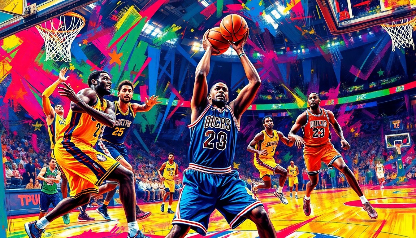 An abstract, expressionist painting featuring bold, energetic brushstrokes in neon shades of orange, pink, and blue, conveying the intensity and excitement of professional basketball.