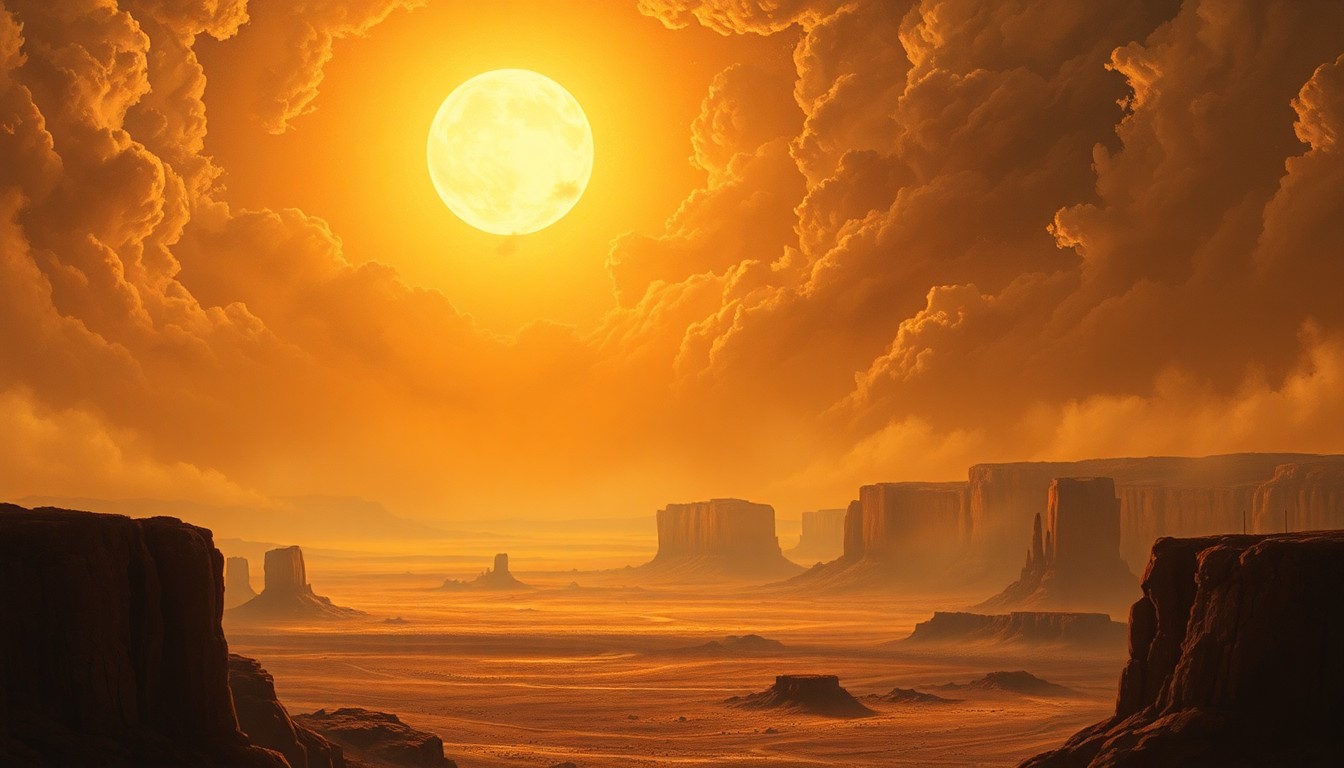 A vast, atmospheric landscape painting in muted tones of orange, yellow, and grey, with a massive, glowing sun dominating the frame and casting dramatic shadows over the distant horizon, conveying the overwhelming, sublime scale of extreme weather conditions.