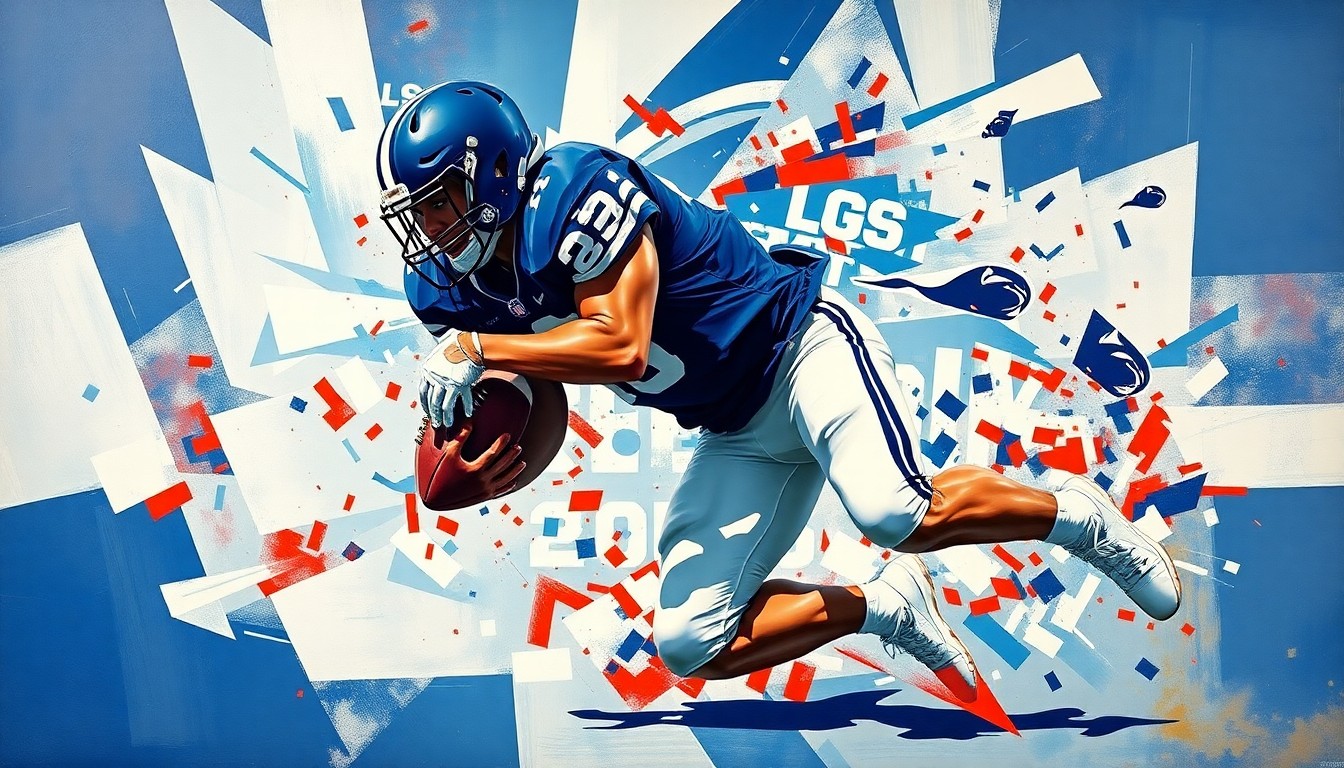 A fragmented, geometric painting depicting the explosive motion of a football player making a tackle, with sharp planes of Penn State's blue and white colors.