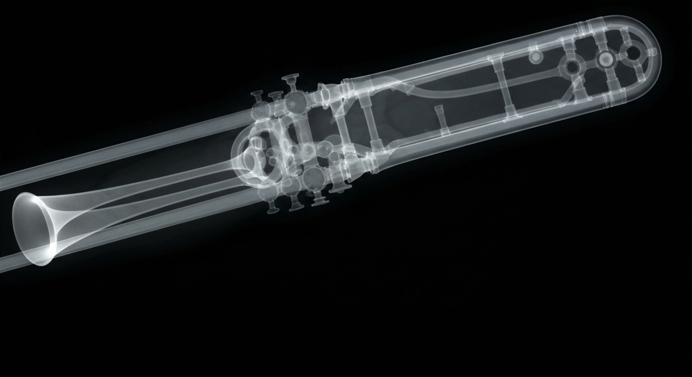 A ghostly, translucent X-ray photograph of a trombone, its intricate internal structure glowing against a dark background, conceptually representing the rejuvenation of a musician's career through a plant-based diet.