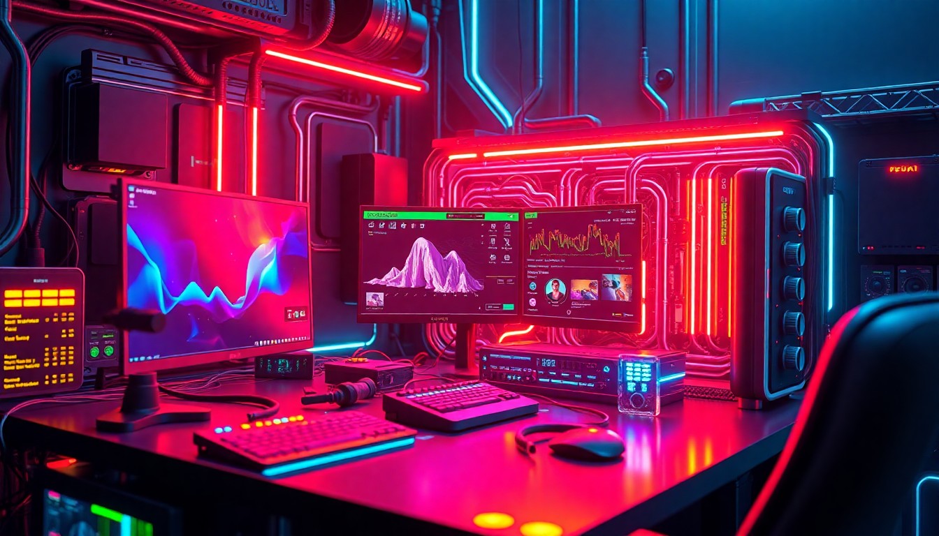 A highly detailed, glowing 3D illustration of a futuristic video editing workstation, with colorful neon lights tracing the intricate circuits and components of the hardware, conveying a sense of advanced, cutting-edge technology powering the creative process.