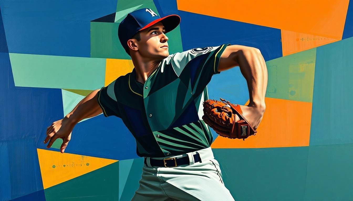A cubist, geometric painting depicting a baseball pitcher's motion broken down into overlapping planes of navy, green, and orange, conveying the flexibility and depth of the Braves' pitching staff.