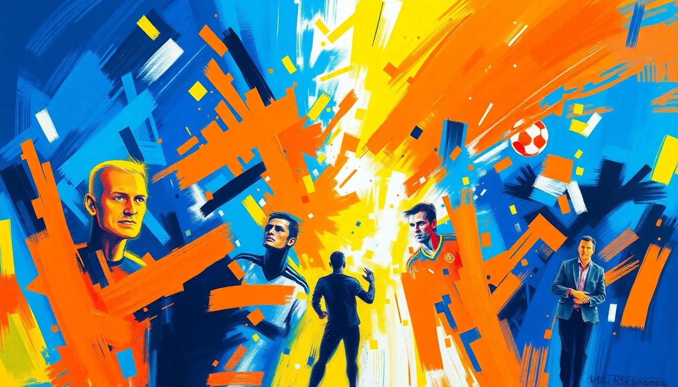 An abstract, expressionist painting featuring vibrant brushstrokes in neon blues, oranges, and yellows, conveying the emotional turbulence and uncertainty surrounding the sudden resignation of a professional soccer manager.