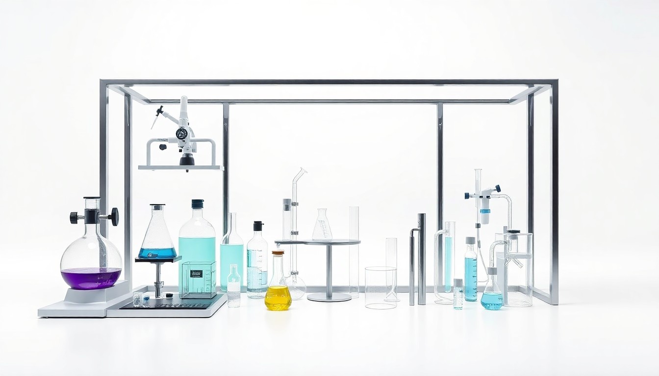 A high-end, photorealistic studio still-life photograph featuring a polished, geometric steel frame structure with various scientific instruments, beakers, and test tubes arranged elegantly on a clean, white seamless background, conceptually representing the advanced analytical capabilities of Teklab's new environmental testing facility.