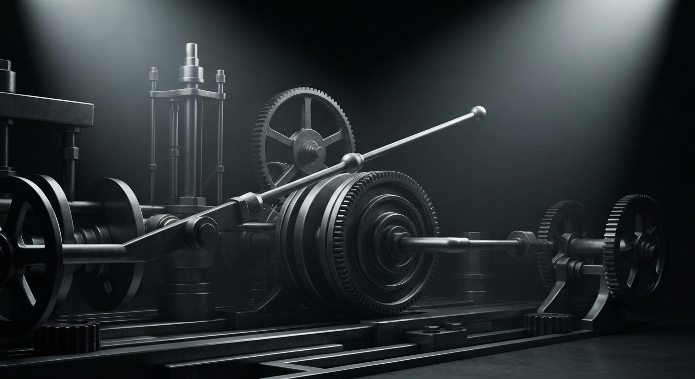 An extreme close-up of complex, interlocking metal components and machinery, representing the sophisticated technology and infrastructure behind Micron Technology's semiconductor business.