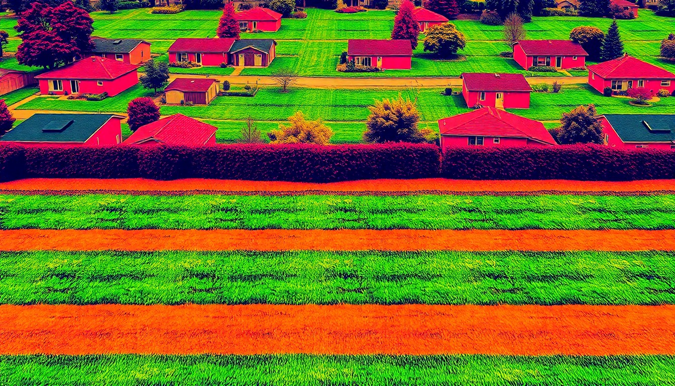 A bold, colorful silkscreen print featuring a repeating pattern of a freshly mowed lawn, conceptually representing the city's prioritization of a tidy, manicured appearance over environmental initiatives.