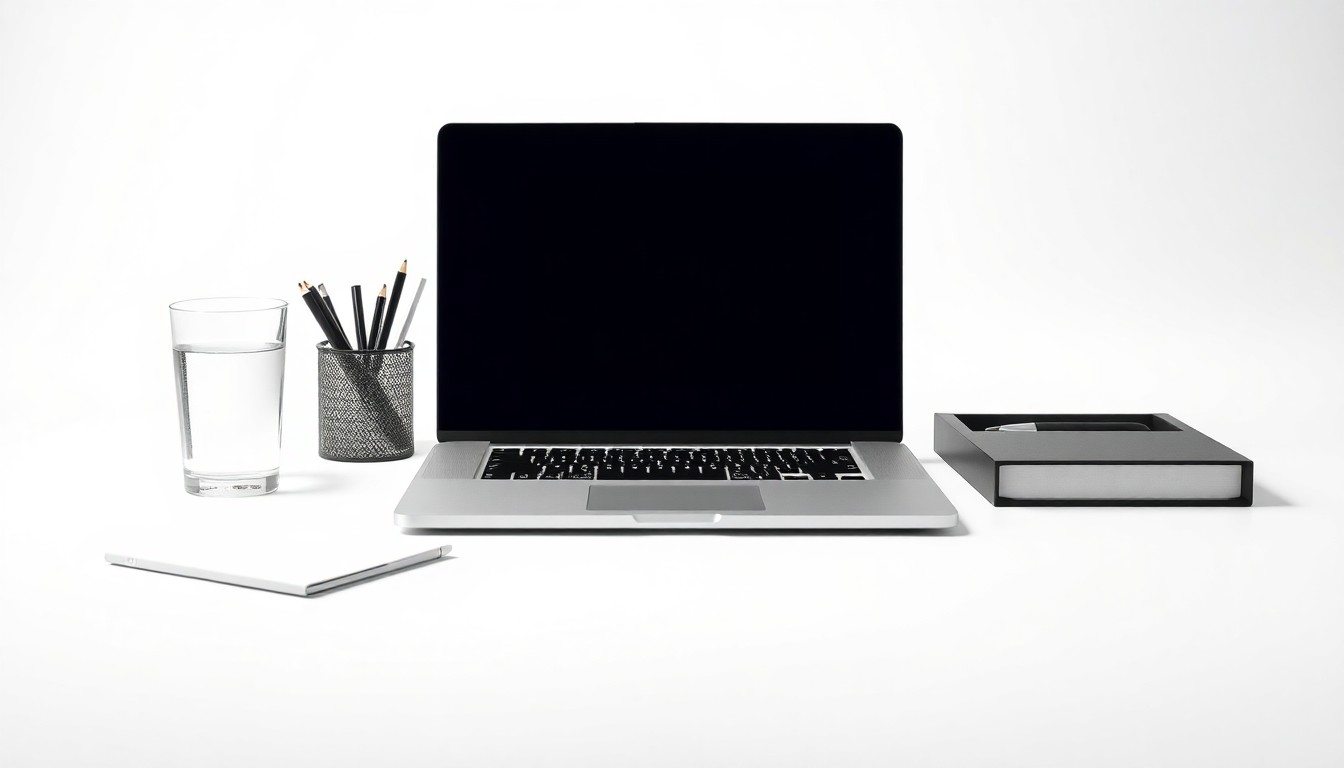 A high-end, photorealistic studio still-life photograph featuring a sleek laptop, minimal desk organizer, and glass of water on a clean white background, representing Tinuiti's data-driven, strategic approach to driving growth for CMOs.