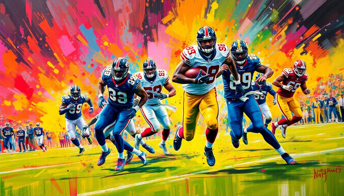 An abstract, expressionist painting in neon colors depicting the dynamic movement and energy of NFL players on the field, with their faces and uniforms dissolved into unrecognizable splatters of paint, conceptually representing the Saints' need to rebuild their roster through the 2026 draft.