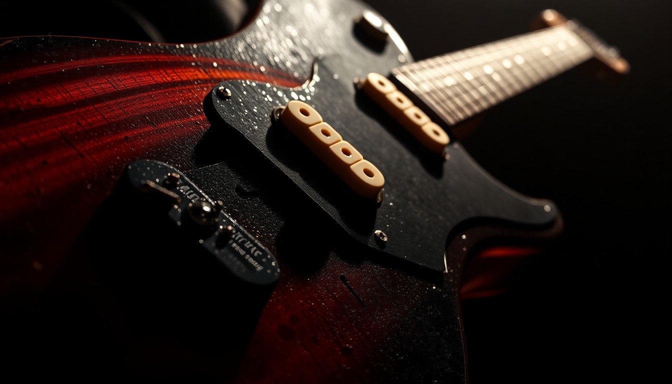 An extreme macro photograph of a heavily textured electric guitar body, with dramatic studio lighting creating high-contrast shadows and highlights that emphasize the material's gritty, energetic qualities, representing the dynamic nature of the blues rock genre.
