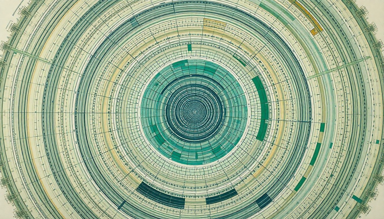 An abstract, highly structured painting in earthy tones of green, blue, and brown, depicting sweeping geometric arcs, concentric circles, and precise spirals that conceptually represent the complex data infrastructure of a satellite orbiting the Earth.