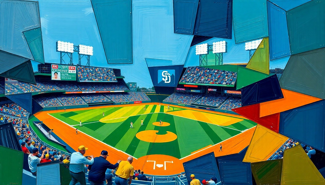 A fractured, cubist-style painting depicting a baseball game or match, with the players and field broken down into sharp, overlapping geometric shapes in a palette of navy, green, and orange, conveying a sense of motion and strategic positioning.