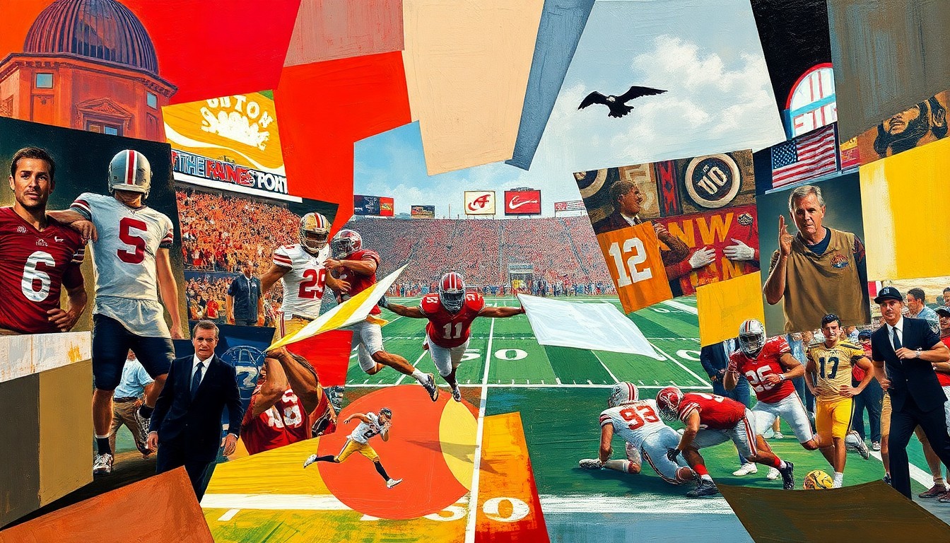 A fractured, geometric painting depicting the dynamic interplay of football players in motion, representing the conceptual pairing of two elite receivers on the Washington Commanders.