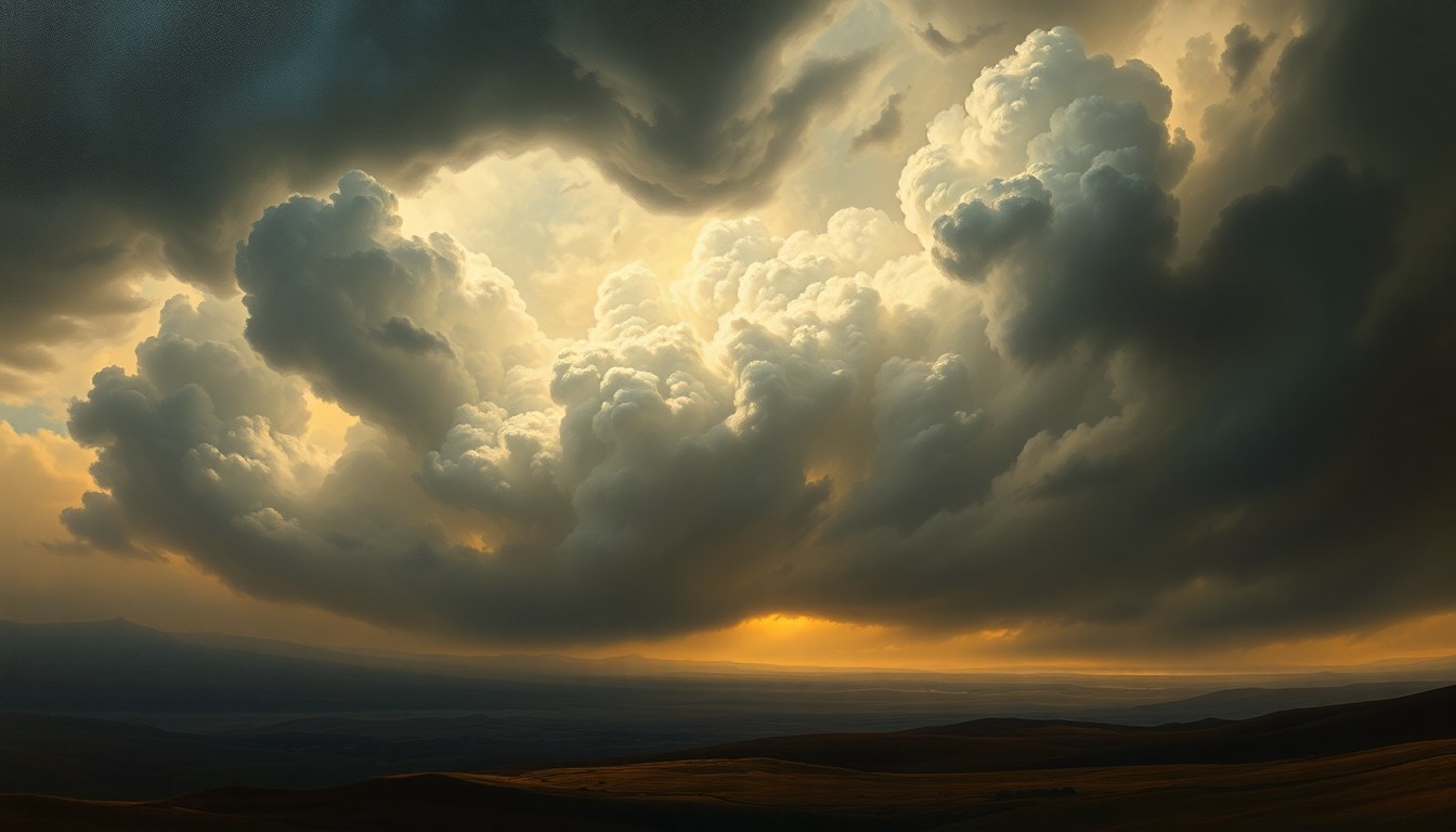 A vast, majestic landscape painting in muted tones, with a massive, swirling storm system dominating the horizon and dwarfing any physical structures or objects in the scene, conveying the overwhelming, sublime scale of the approaching weather.