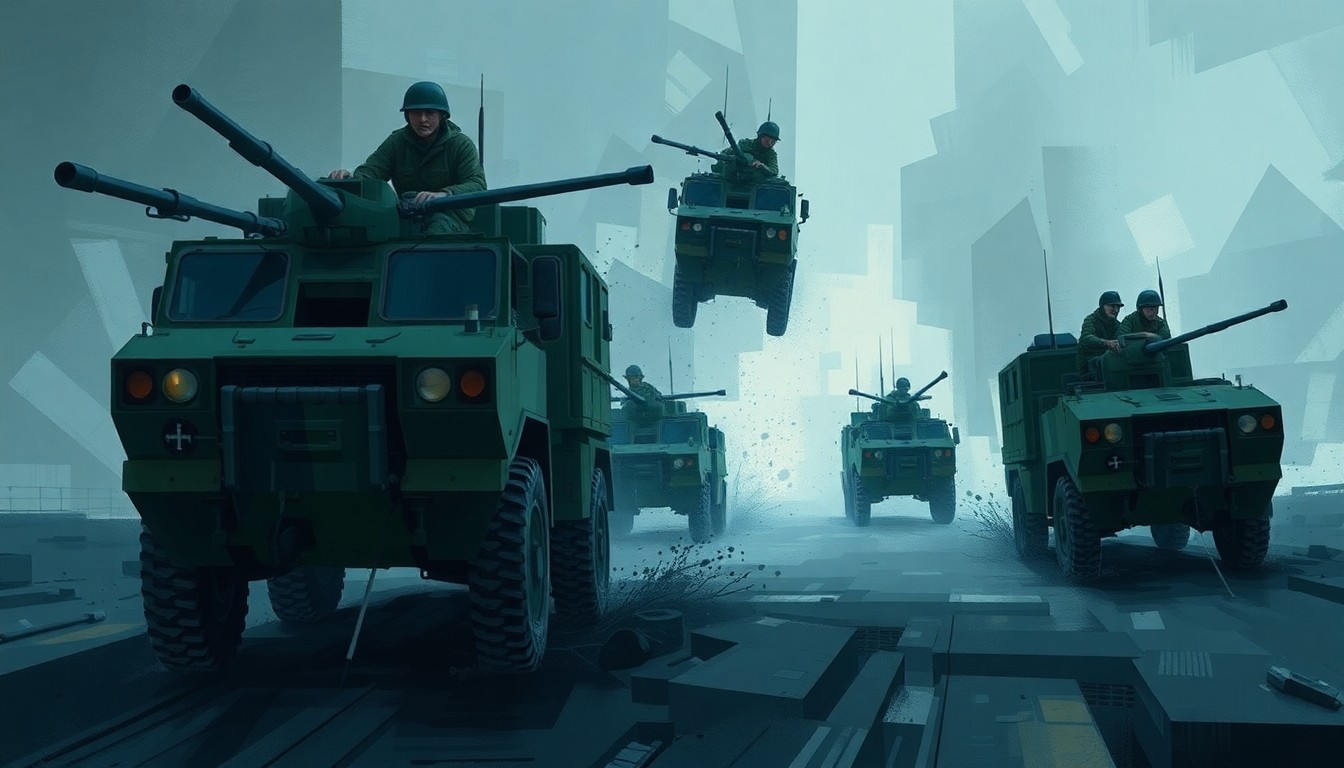A dynamic, abstract painting depicting the movement of military vehicles and personnel in muted tones of blue, grey, and green, conveying the tension and uncertainty surrounding the U.S. troop deployment to the Middle East.